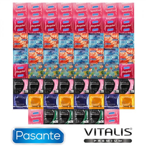 Balíček 62ks hrejivých, chladivých a ochutených kondómov Pasante a Vitalis Premium