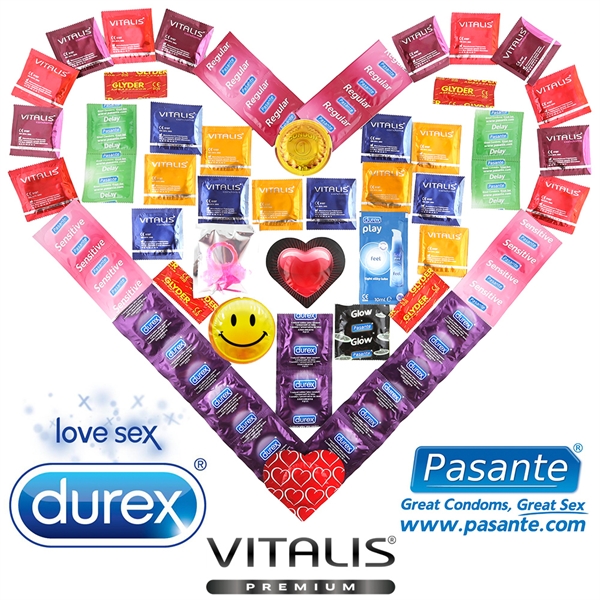 Luxusný balíček 55 kondómov Durex, Pasante a Vitalis s vibračným krúžkom